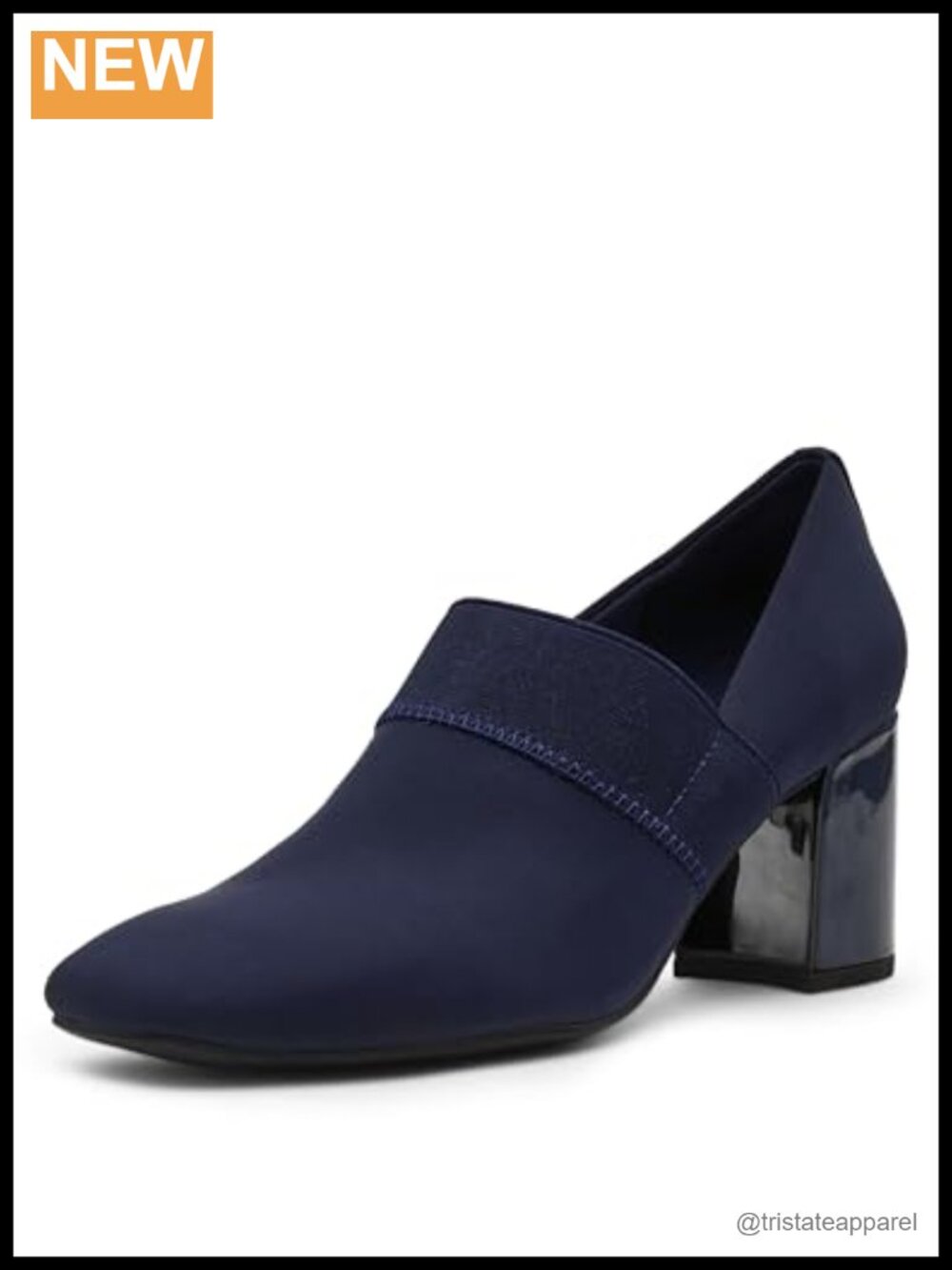 Pointed Toe Block Heel Pump with Embellished Heel & PU Upper